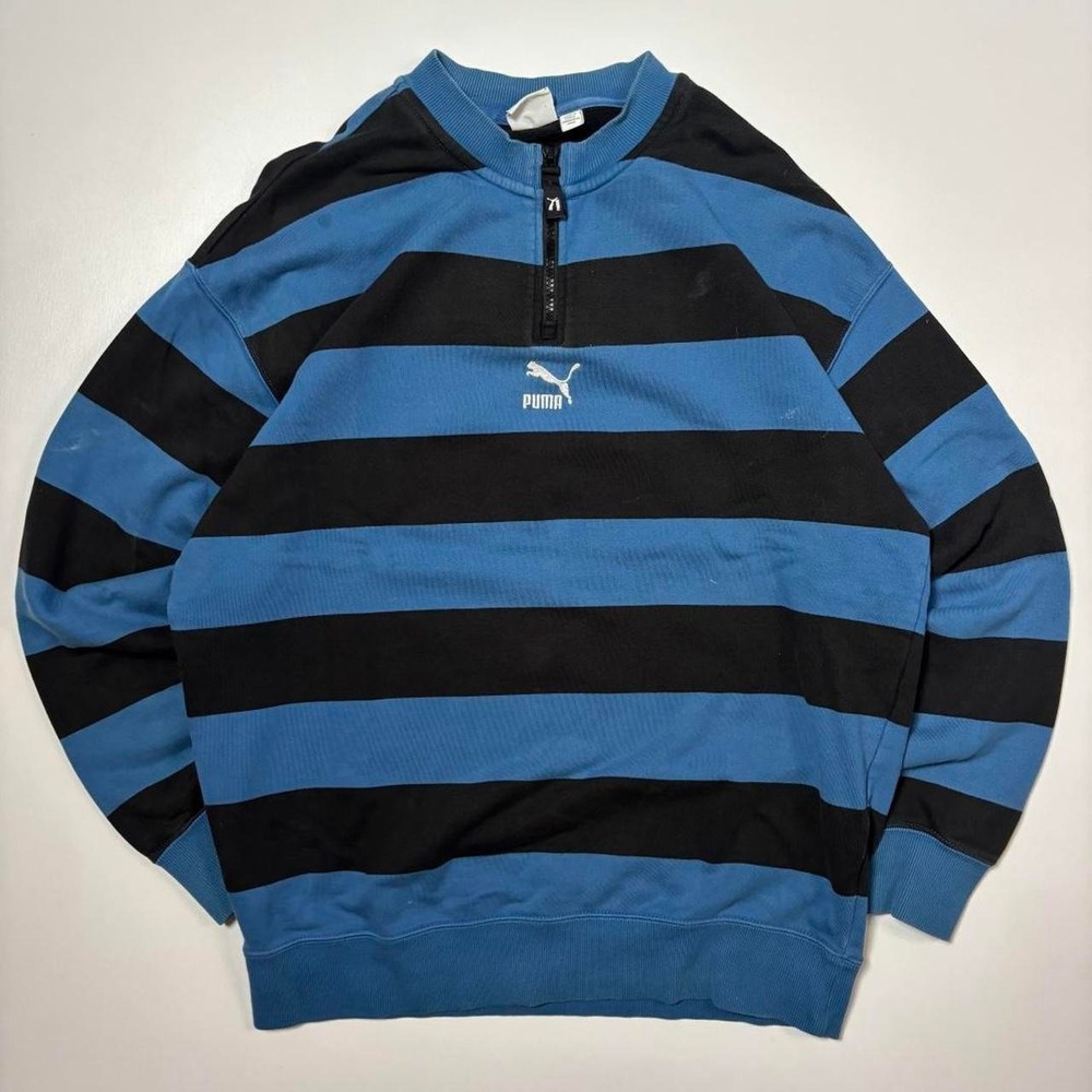 Blue & Black Striped Puma Quarter Zip Sweatshirt - M